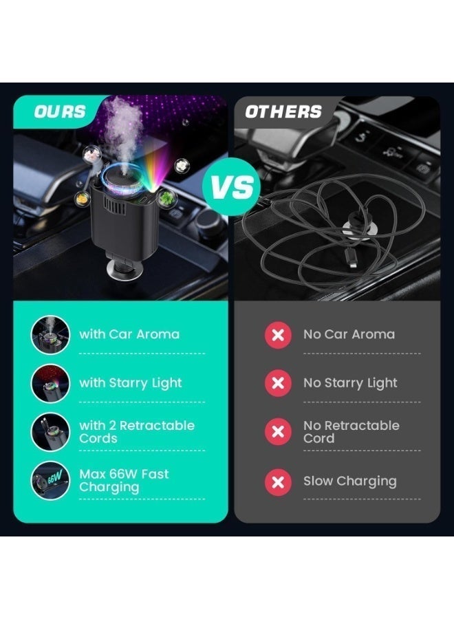 شاحن سيارة 5 في 1 مع ضوء النجوم ومعطر جو - محول USB-C متعدد المنافذ قابل للسحب للشحن السريع، شاحن سيارة عالمي لأجهزة iPhone وAndroid - Image 5